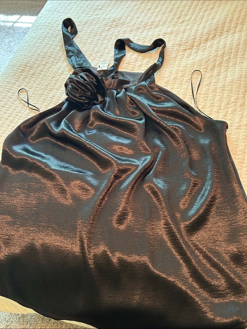 Express Black Satin Halter Top with Rosette Detail